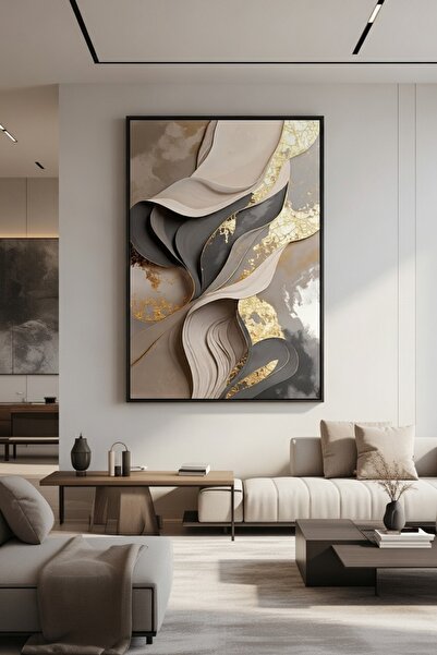 hollywest Lüks Bej & Altın Kavisli Duvar Sanatı | Modern Çerçeveli Tablo