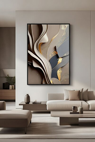 hollywest Lüks Bej & Gri Soyut Duvar Sanatı | Modern Çerçeveli Tablo