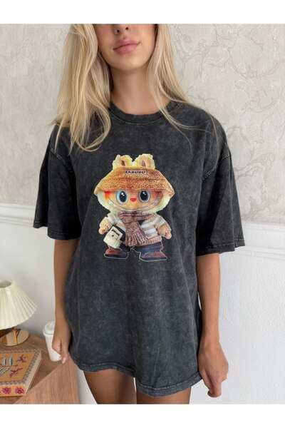 Homay Women's Anthracite Oversize Comfortable Fit Digital Printed T-Shirt