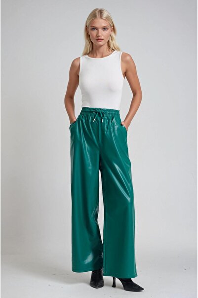 Lijuri Elastic Waist Lace-Up Faux Leather Wide Leg Trousers 0113