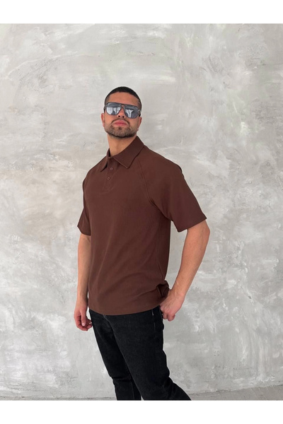 MODA Collared Short Sleeve T-Shirt - Brown -