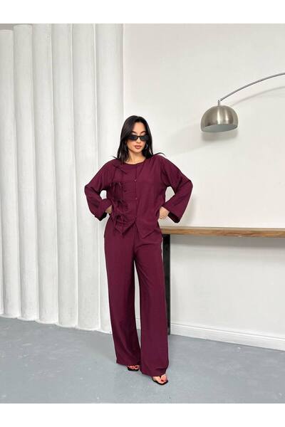 Lovely butik Women's Bow Detail Tie-Up Linen Look Viscose Two-Piece Set