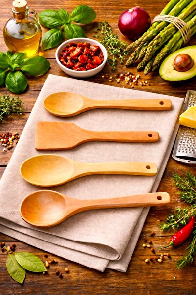 SWENCRAFT Doğal Ahşap Mutfak Servis Kepçe Pilav Spatula Kaşık 4'lü Set El Işç...