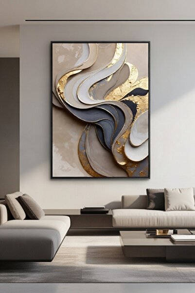 hollywest Lüks Bej & Altın Soyut Duvar Sanatı | Modern Çerçeveli Tablo