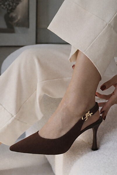 moon glow Women's Brown Pointed Toe Heeled Shoes |   Thin Heel |   Ankle Stra...