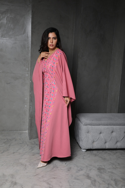 lune Pink detailed jalabiya. with pink base.maxi wear. V nick jalabiya