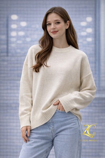 UZÇE MODA Premium Ecru Color Crew Neck Oversize Women's Knitwear Sweater