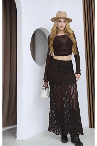 Moda Banuş Brown Lace Long Skirt