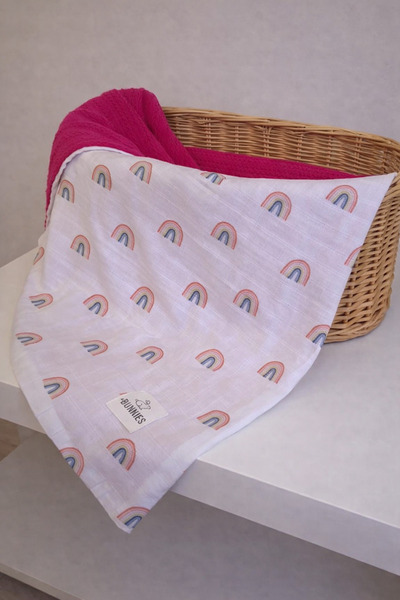 Jr Bunnies 100X100 Baby Blanket – Rainbow Muslin and Knit Fabric, Soft and Br...