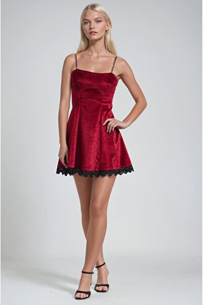 Lijuri Lace Detailed Strappy Velvet Mini Dress 2016