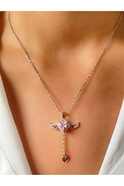 DuRu LiNe Kanatlı Kalp Figürlü Pembe Taşlı Silver Renk Kadın Kolye