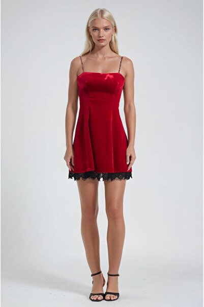 Lijuri Lace Detailed Strappy Velvet Mini Dress 2016