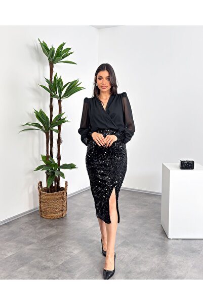 Mialora Chiffon Shirt Detailed Sequined Skirted Slit Women's Dress