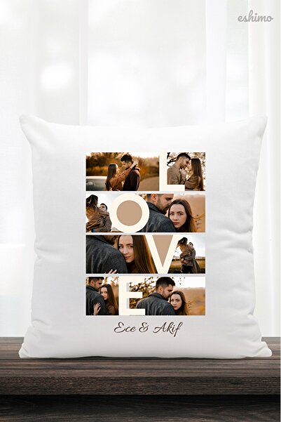 Eshimo 'Love' Yazılı Kolajlı Ve Kişiselleştirilebilir Resimli Yastık