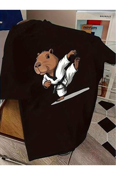 GALASHOP تي شيرت أبيض برسومات كرتونية لحيوان القندس يمارس التاي تشي