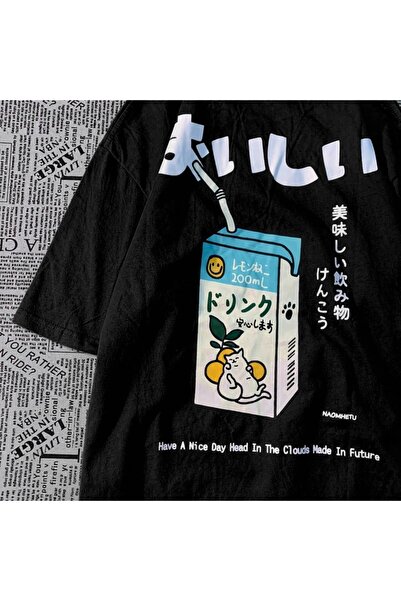 Le Savu Cat Lemon Juice Printed Unisex Oversize T-Shirt