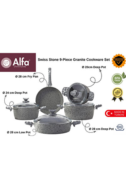 Alfa Swiss Stone 9-Piece Granite Cookware Set – Non-Stick, Induction, Healthy...