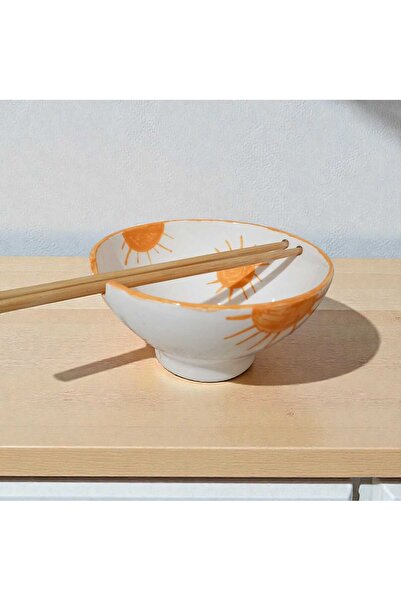 Ceresshop Handmade Ceramic Noodle Bowl - Sun Theme (Chopsticks Included)