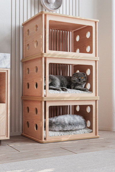 Wooden Studio Ahşap Kedi Evi ve Kafesi | Sehpa Olarak Kullanılabilen Üçlü Ked...