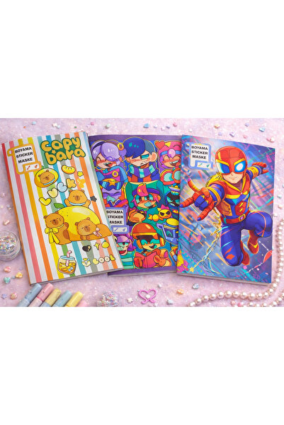 Srctech 3'lü (Spider Man - Brawl Stars - Capybara) Stickerlı Boyama Kitabı - ...