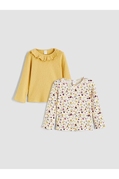 LC Waikiki Tricou pentru fete LCW Kids Ecru cu guler rotund, pachet de 2