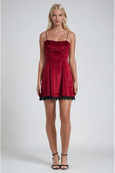 Lijuri Lace Detailed Strappy Velvet Mini Dress 2016