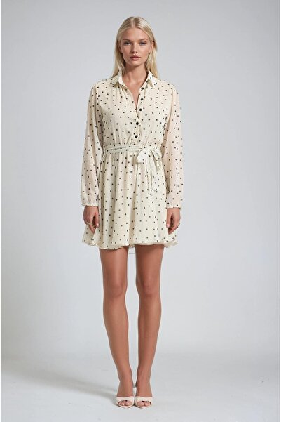 Lijuri Polka Dot Belted Buttoned Shirt Collar Mini Flared Dress 2022