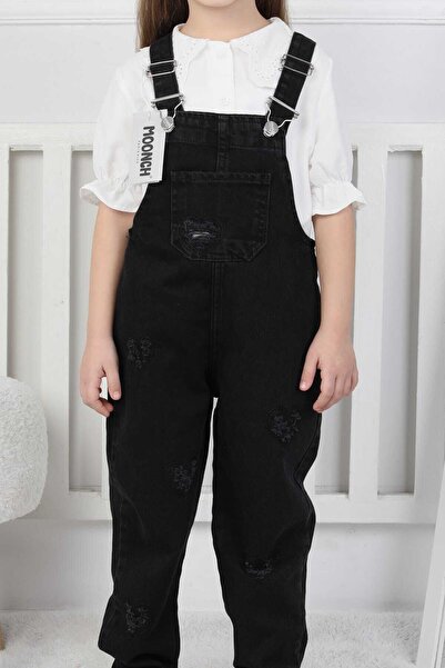 Butik Kız Çocuk Siyah Denim Salopet Tulum Eskitme Detaylı Kot Bahçıvan