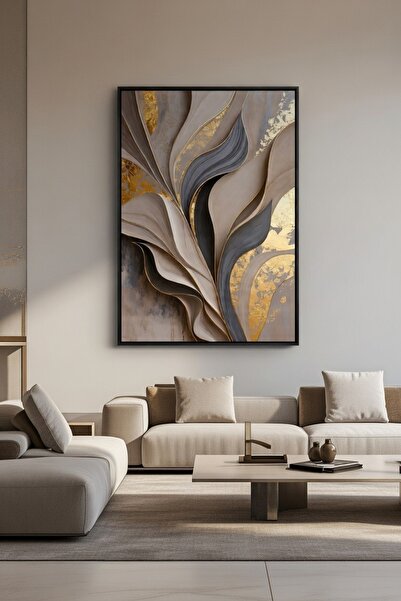 hollywest Lüks Bej & Altın Yaprak Formlu Duvar Sanatı | Modern Çerçeveli Tablo