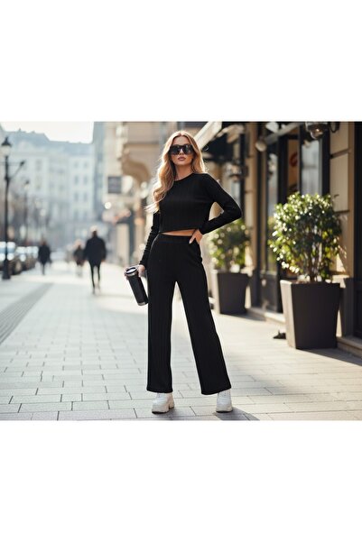 THEBEK Winter Ruffle Modal Bottom Top Crop and Pants Set