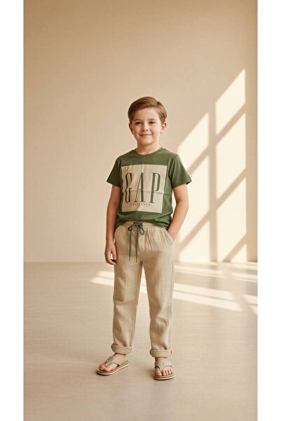 NOBLEKIDS طقم صيفي من الموسلين مطبوع عليه شعار - كاكي، للأولاد، 100% قطن، للأ...