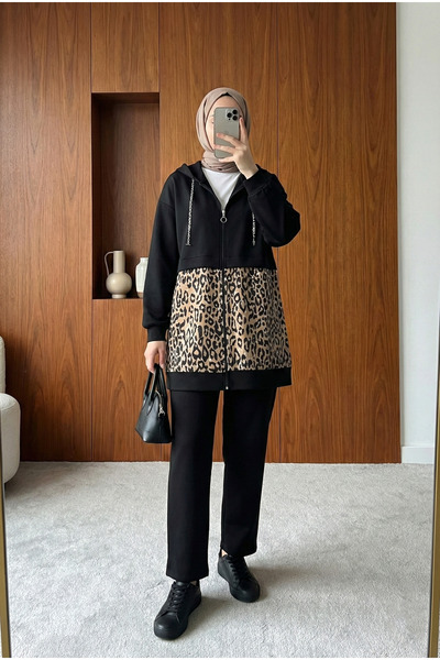 MODAQU Zippered Leopard Patterned Scuba Suit - Black