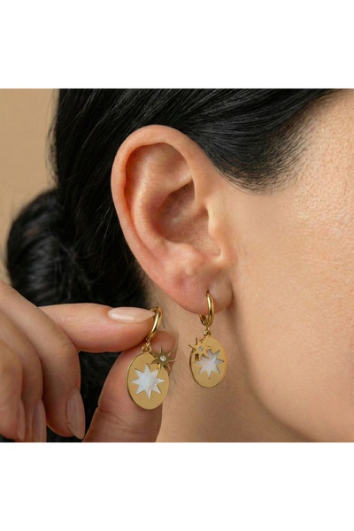 AccessoriesCınCık Steel Earrings Gold Color Star Detailed Dangle Women's Earr...