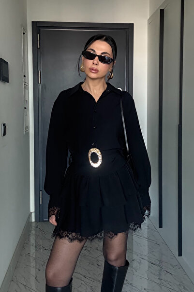 Seda Yalçın Atelier Dantel Detaylı Kemerli Siyah Mini Elbise