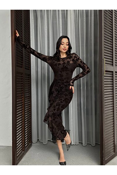 ASEDE Imported Velvet Printed Crew Neck Lined Ruffle Rose Motif Long Sleeve B...