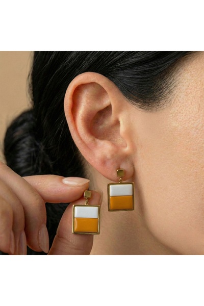 AccessoriesCınCık Steel Earrings Gold Color Orange White Stone Detailed Dangl...