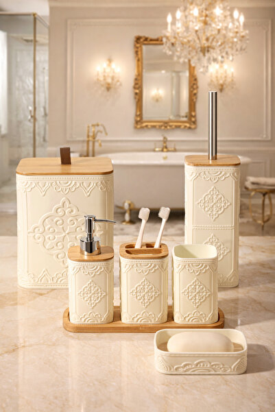 MAKRİ HOME Patterned 7 Piece Bamboo Bathroom Set with Lid and Accessories