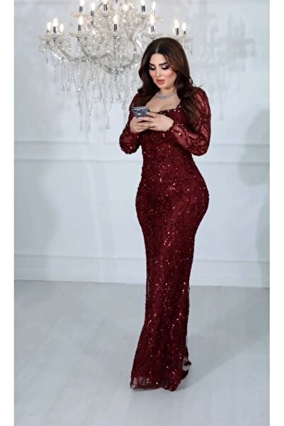 Farah Fashion فستان سهرة فاخر باللون البرغندي وا الذهبي العميق (العنابي)، مصم...