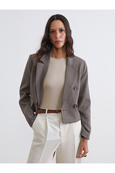 LC Waikiki Rmz Gi̇yi̇m Farkiyla Houndstooth Embroidered Crop Women's Blazer J...