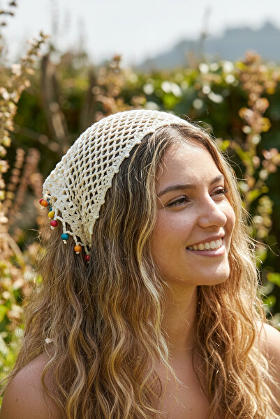 ZEYZON El Örmesi Kroşe File Bandana – Tığ İşi Boncuk Detaylı Bohem Saç Aksesuarı