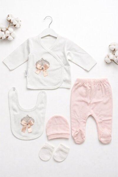 Pure Boutique Комплект за новородено момиче от 5 части, розово-бял памук с ко...