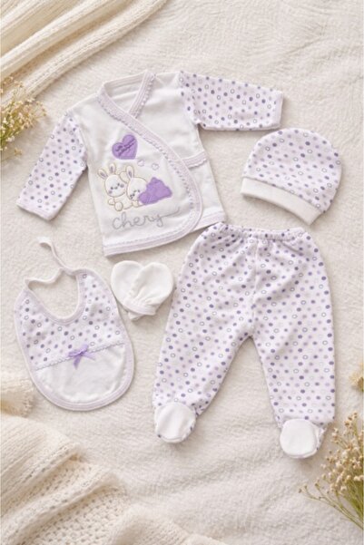 Pure Boutique Set nou nascut fetita 5 piese lila bumbac cu iepurasi bluza pan...