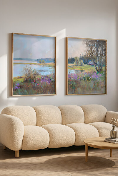 STARYUNA Wooden Framed Double Painting Set with Lake and Countryside View Yun...