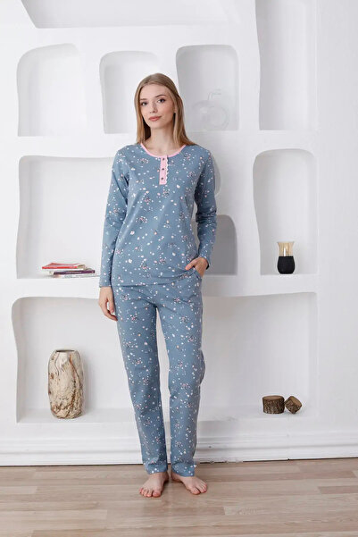 ALİMER Floral Patterned Women's Pajama Set - Long Sleeve Lycra Combed Cotton ...