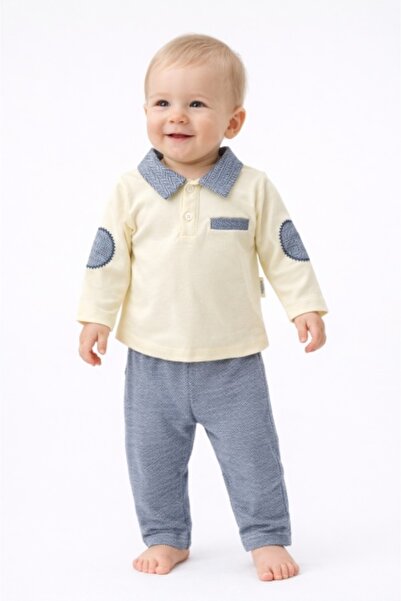 Pure Boutique Baby boy 2-piece cream set with shirt collar, long sleeve blous...