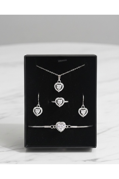 RM Bijuteri Zirkon Taşlı Kalp Model Sevgililer Günü Takı Seti Hediye Seti
