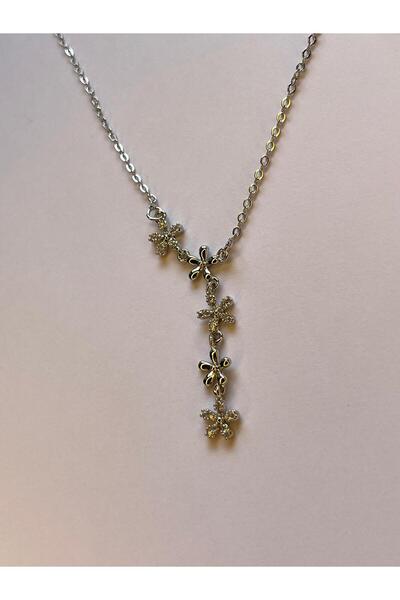 Çelik Gümüş Renk Zirkon Taşlı Çiçek Figürlü Y Kolye Kararmaz - Sevgiliye Hediye