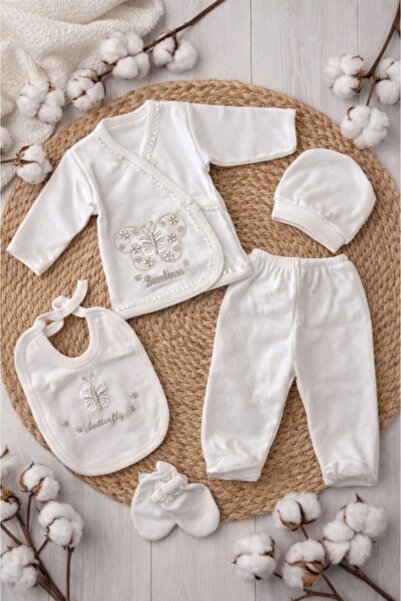 Pure Boutique Set nou nascut 5 piese alb bumbac cu fluture bluza pantaloni ca...