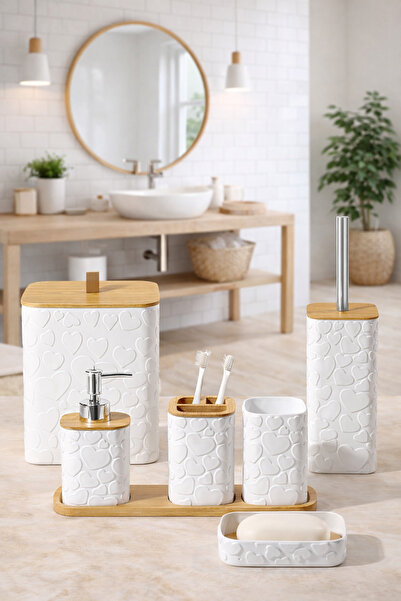 MAKRİ HOME Patterned 7 Piece Bamboo Bathroom Set with Lid and Accessories