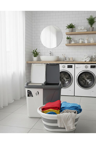 Buclee 60 Lt İki Bölmeli Kirli Çamaşır Sepeti & 27 Lt Katlanabilir Sele Takım...
